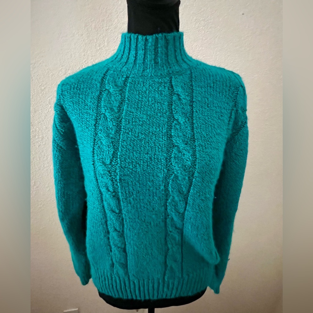 Vintage 80s TJW for Mervyn’s Women’s Turquoise Mock Neck Cable Knit Sweater SM - Picture 3 of 11